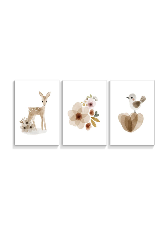 Boho Cute Woodland Animals Deer Canvas Wall Poster, 3 Piece, Multicolour