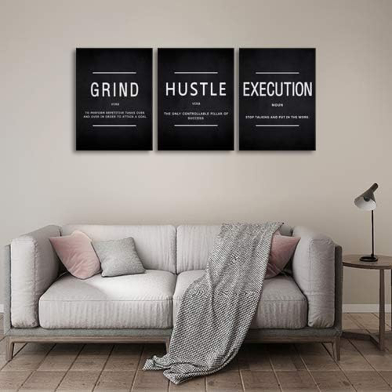 Cbaipy Motivational Inspirational Quotes Grind Hustle & Execution Canvas Posters, 3 Pieces, Black