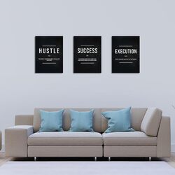 Unbruvo Inspirational Canvas Painting Success Hustle Execution Motivational Wall Art Poster, 3 Pieces, 36 x 16 inch, Black/White