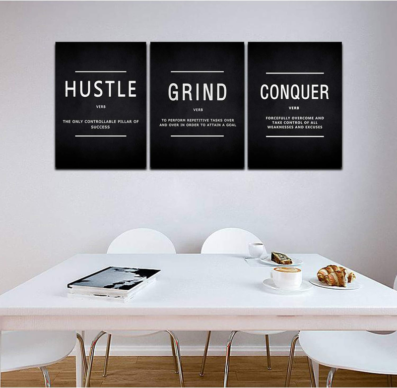 Cbaipy Inspirational Motivational Quote Hustle Grind Conquer Wall Art Canvas Poster Set, 3 Pieces, 12 x 16-inch, Black