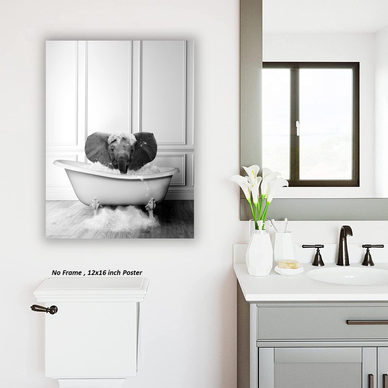 Liya Design Prints Funny Bathroom Cute Baby Elephant Decor Poster, Black/White