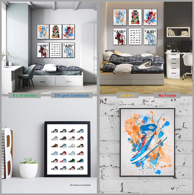 LIYA Design Prints Unframed 6-Piece x 8 x 10-Inch Hypebeast Sneaker "Nike Air Jordan" Wall Art Set Poster, Multicolour