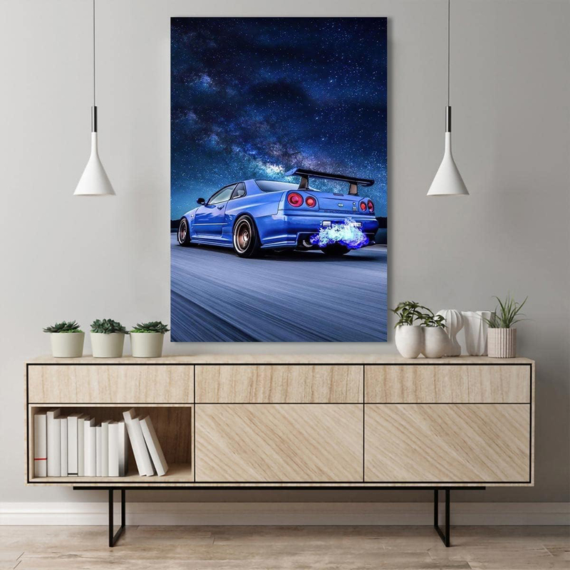 ALLUCKII Unframed Canvas 12 x 18-Inch Skyline GTR R34 Car Poster, Blue