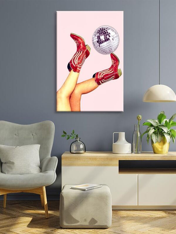 Thcbme Retro Disco Ball Cowgirl Boots Print Canvas Fun Trendy Wall Art Poster, 16 x 24 inch, Multicolour