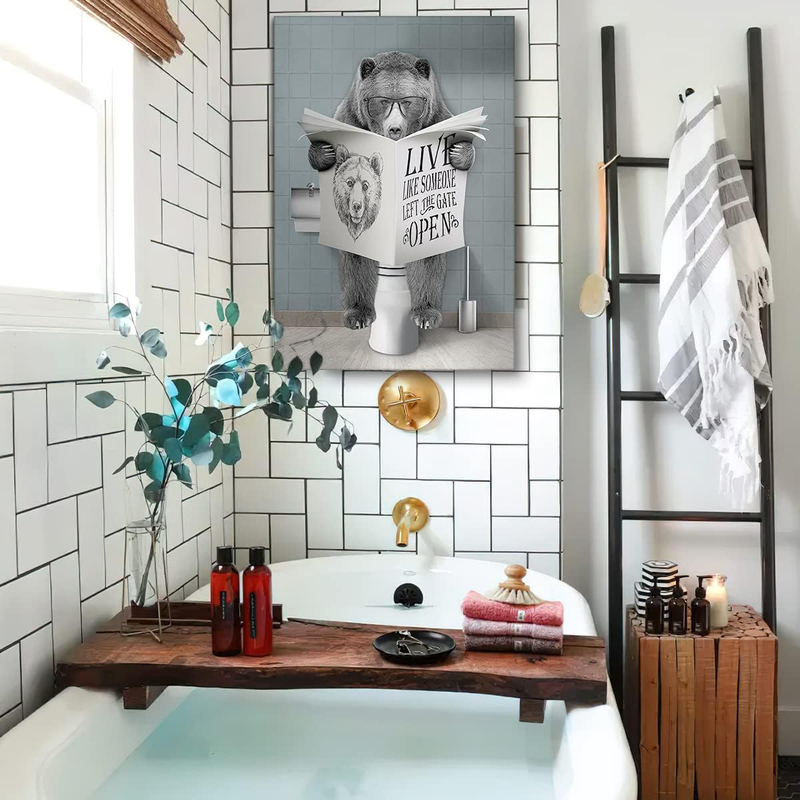 Parylore Bear Sitting in Toilet Reading Newspaper Print Picture Poster, 12 x 16-inch, Multicolour