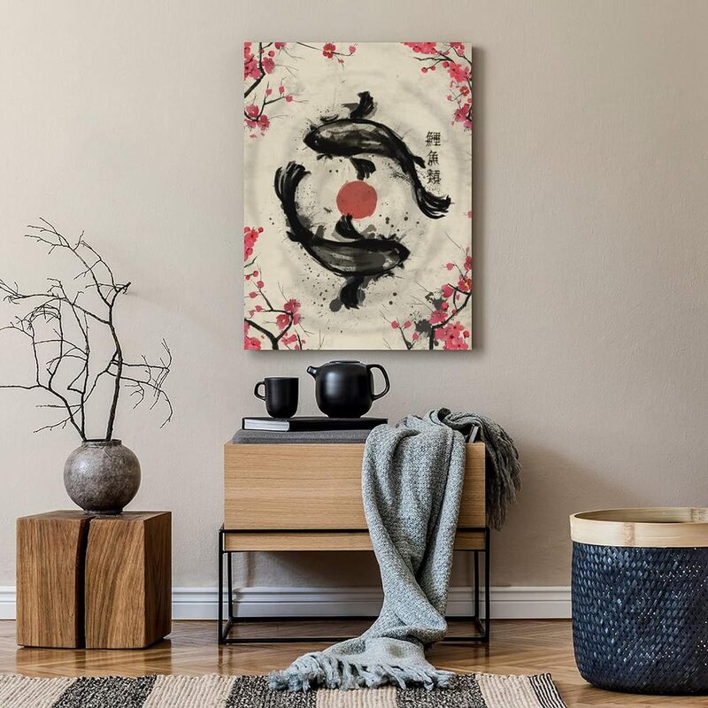 Gengsheng Japanese Retro Ink Sakura Yin Yang Koi Fish Canvas Wall Art, 16 x 24 inch, Multicolour