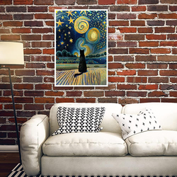 Lianxiaw The Starry Night Cat Canvas Wall Art Famous Oil Paintings Black Cat Poster, Multicolour