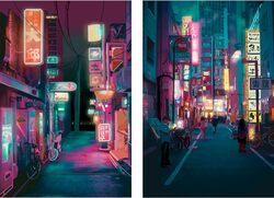 Koshenia Tokyo Anime Preppy Night City Japanese Print Artwork Wall Art Poster, 2 Pieces, Multicolour