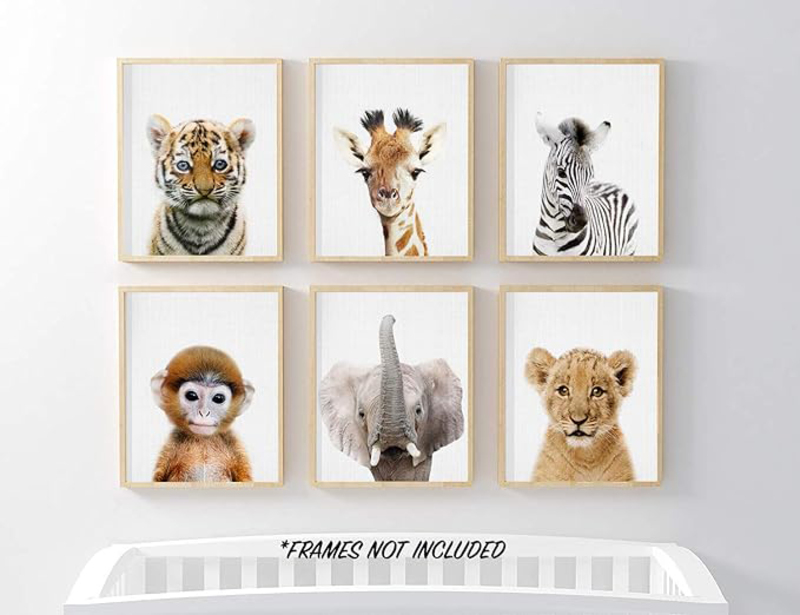 Ephany Baby Animal and Prints Baby Nursery Decor Pictures Poster, 6 Piece, White