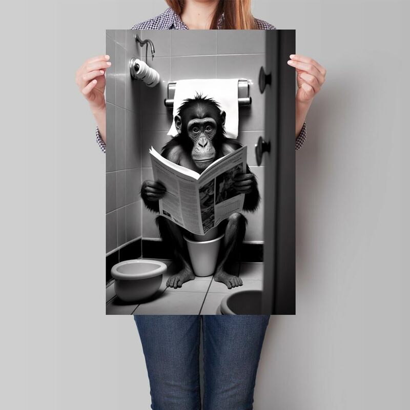 Yodooltly Monkey Reading Newspapers on Toilet Canvas Wall Art Poster, 12 x 16 inch, Black/White