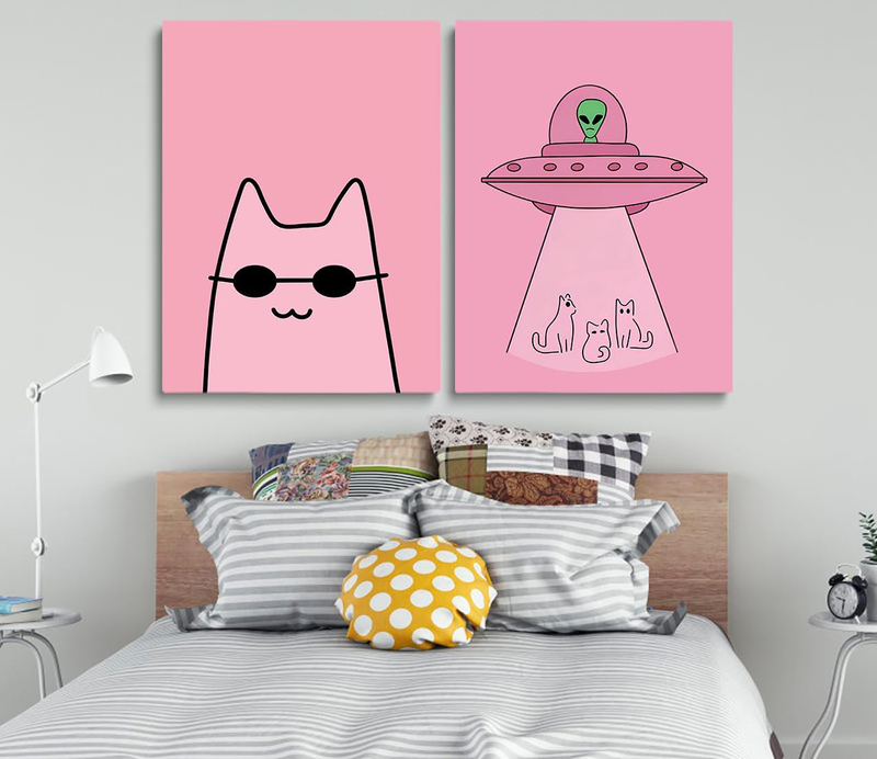 Fun College Style Cat and Alien Pink Canvas Wall Art, 2 Pieces, Multicolour