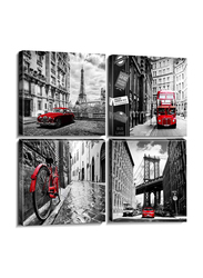 Sunfrower 4-Piece x 12 x 12-Inch Canvas Black and White Pictures Red City Buildings Photo Poster Wall Art, Multicolour