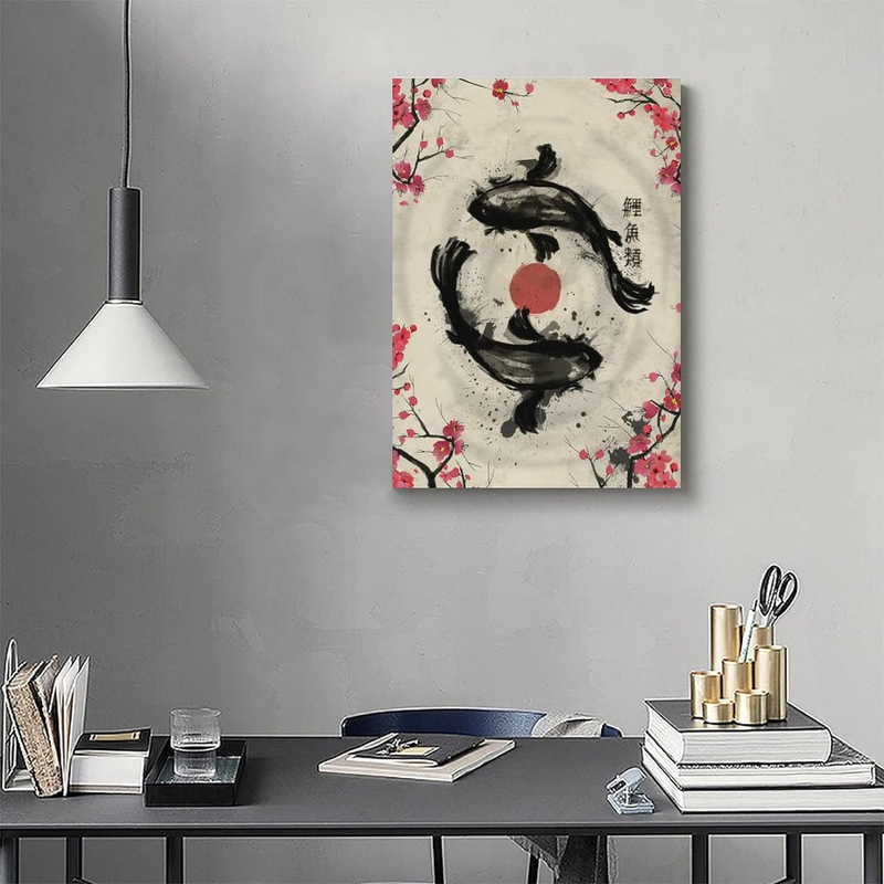 Gengsheng 16 x 24-Inch Unframed Canvas Japanese Retro Ink Painting Sakura Yin Yang Koi Fish Poster Wall Art, Multicolour