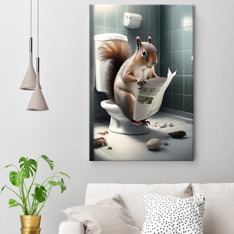 Yodooltly Cute Squirrel Reading Newspapers on Toilet Funny Bathroom Canvas Wall Art Poster, 16 x 24 inch, Multicolour