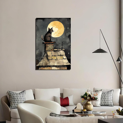 Ofitin Cat on The Roof in Moonlight Canvas Wall Art Poster, 16 x 24 inch, Multicolour