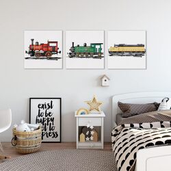 Yuzi-n Steam Train Nursery Vehicle Canvas Wall Art Poster, 3 Pieces, 12 x 12 inch, Multicolour