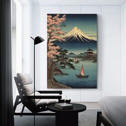 Japanese Ukiyo-e Art Mount Fuji From Lake Frame Hanger Scroll Decorative Hanging Canvas Wall Posters, Multicolour