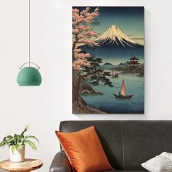 Japanese Ukiyo-e Art Mount Fuji From Lake Frame Hanger Scroll Decorative Hanging Canvas Wall Posters, Multicolour