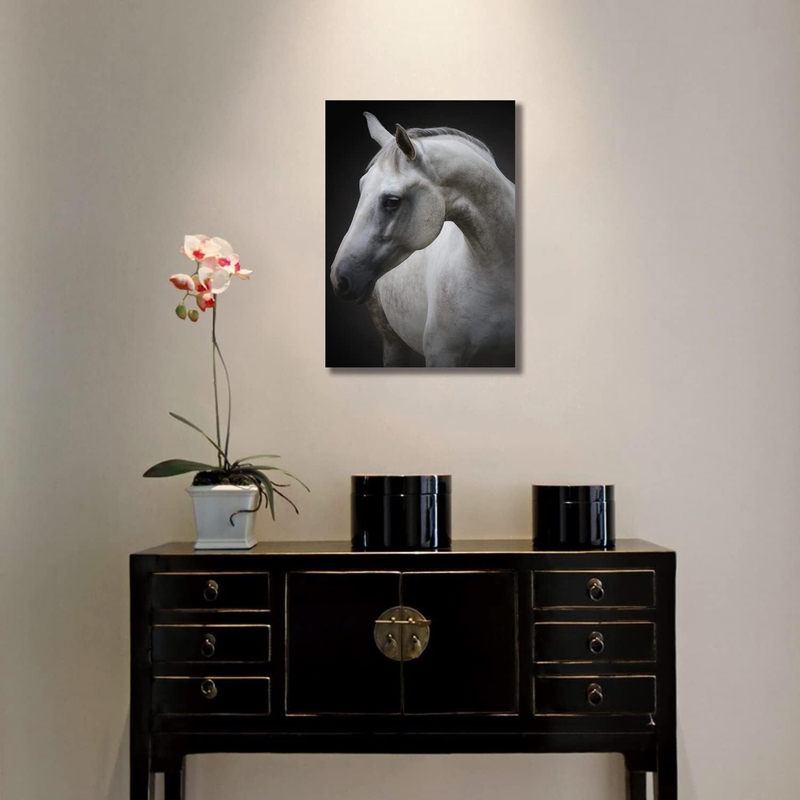 Donahue Art Picture Horse White Head Painting Framed Wall Art Canvas Prints for Living Room, Farm, Office, Equestrian Decoration, White/Black