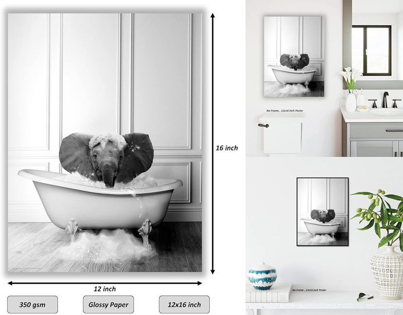 Liya Design Prints Funny Bathroom Cute Baby Elephant Decor Poster, Black/White