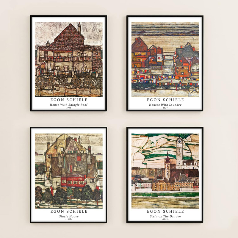 Berkin Arts Unframed Prints Giclee Illustrations Geometric House Egon Schiele Posters Set, 4 Pieces, 11 x 14-inch, Multicolour