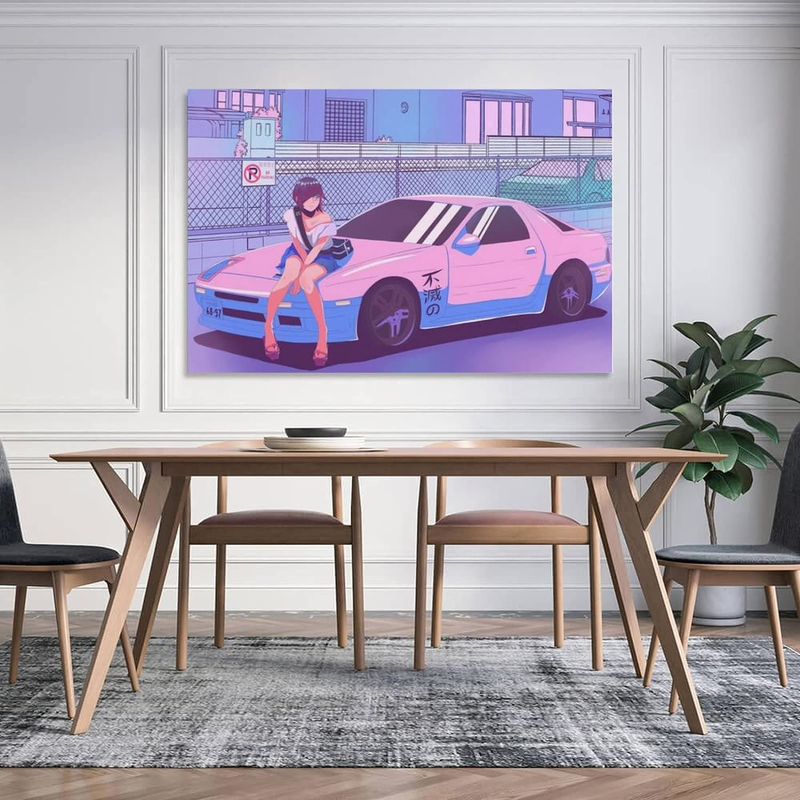 Alukap 12 x 18-Inch Canvas Jdm Car Rx7 Cartoon Pink Girl Poster Wall Art, Multicolour