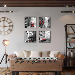 Sunfrower 4-Piece x 12 x 12-Inch Canvas Black and White Pictures Red City Buildings Photo Poster Wall Art, Multicolour