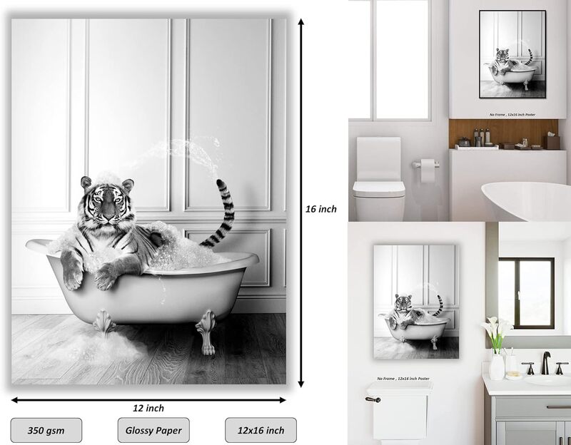 Liya Design Prints Funny Bathroom Tiger Animals Bathtub Poster, 12 x 16 inch, Black/White