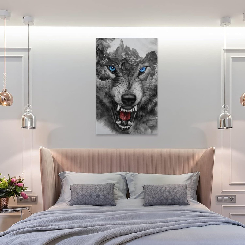 Rucatto Animal Poster Black & White Wild Angry Wolf Head Blue Eyes Art Poster, Multicolour