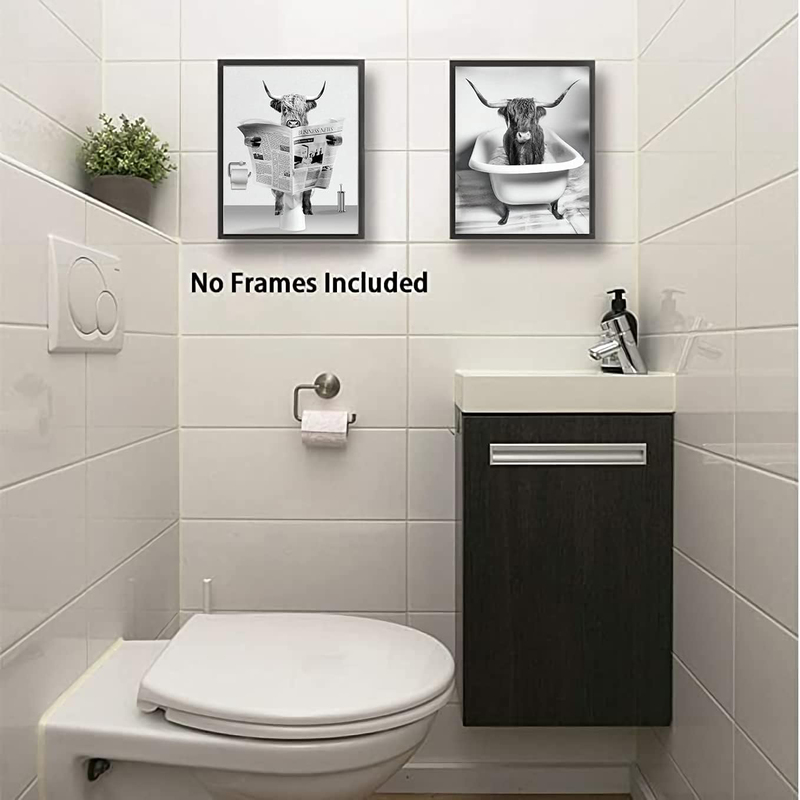 NIIORTY Funny Highland Cow Bathroom Wall Art Prints Unframed, 4 Piece, 8 x 10, Black/White