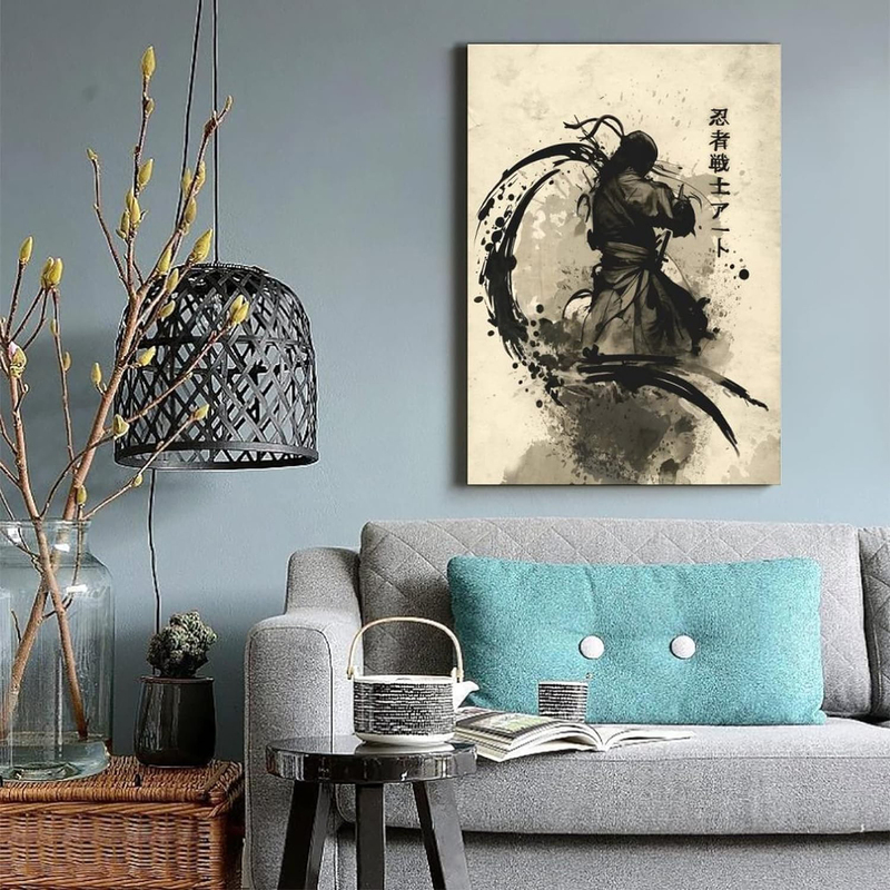 Gengsheng Japanese Ink Bushido Vintage Ninja Canvas Wall Art Posters, 12 x18 inch, Black/Beige