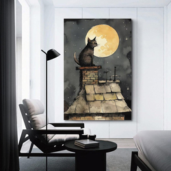 Ofitin Cat on The Roof in Moonlight Canvas Wall Art Poster, 16 x 24 inch, Multicolour