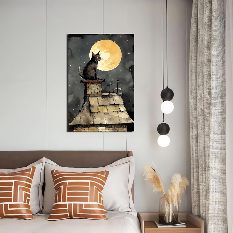 Ofitin Cat on The Roof in Moonlight Canvas Wall Art Poster, 16 x 24 inch, Multicolour