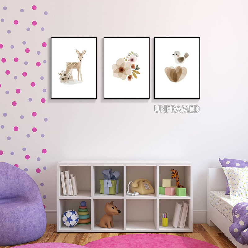 Boho Cute Woodland Animals Deer Canvas Wall Poster, 3 Piece, Multicolour