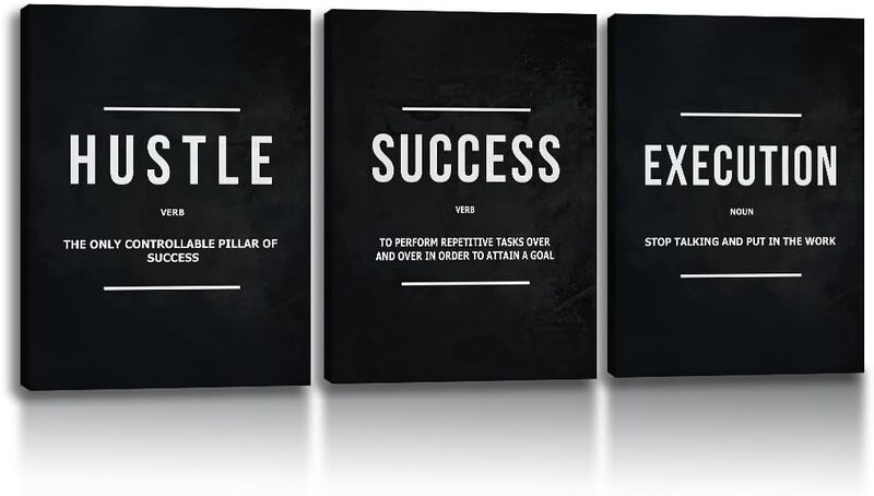 Unbruvo Inspirational Canvas Painting Success Hustle Execution Motivational Wall Art Poster, 3 Pieces, 36 x 16 inch, Black/White