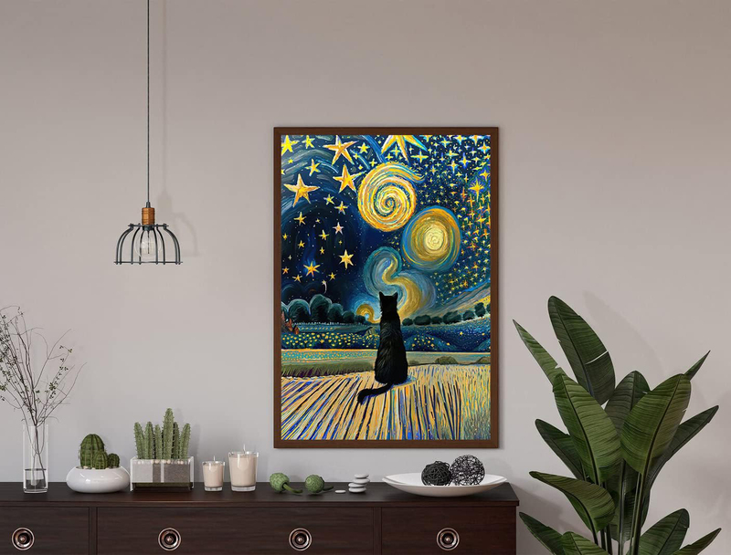 Lianxiaw The Starry Night Cat Canvas Wall Art Famous Oil Paintings Black Cat Poster, Multicolour