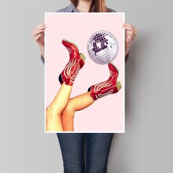 Thcbme Retro Disco Ball Cowgirl Boots Print Canvas Fun Trendy Wall Art Poster, 16 x 24 inch, Multicolour