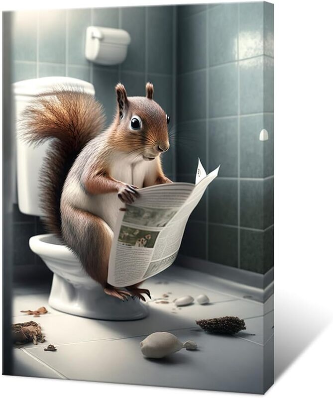 Yodooltly Cute Squirrel Reading Newspapers on Toilet Funny Bathroom Canvas Wall Art Poster, 16 x 24 inch, Multicolour
