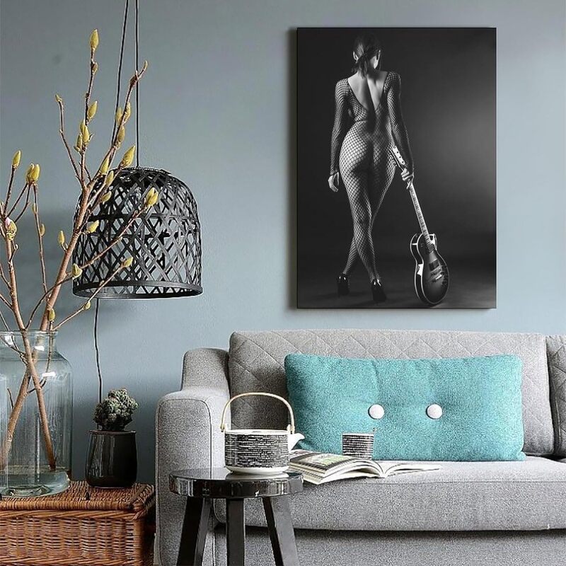 Beautiful Lady and Guitar Canvas Wall Art Poster, 16 x 24 inch, Black/White