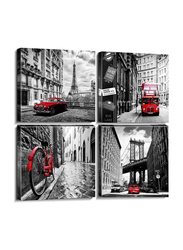 OzlviiCityscape Canvas Wall Art Paris Prints Paintings Brooklyn Bridge Eiffel Tower London Red Bus Pictures Poster, 4 Pieces, Multicolour