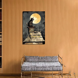 Ofitin Cat on The Roof in Moonlight Canvas Wall Art Poster, 16 x 24 inch, Multicolour