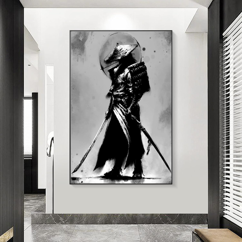 Iuntweie Japan Samurai Portrait Pictures Bushido Japanese Warrior Canvas Wall Art, Black/White