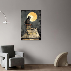 Ofitin Cat on The Roof in Moonlight Canvas Wall Art Poster, 16 x 24 inch, Multicolour