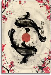 Gengsheng Japanese Retro Ink Sakura Yin Yang Koi Fish Canvas Wall Art, 16 x 24 inch, Multicolour