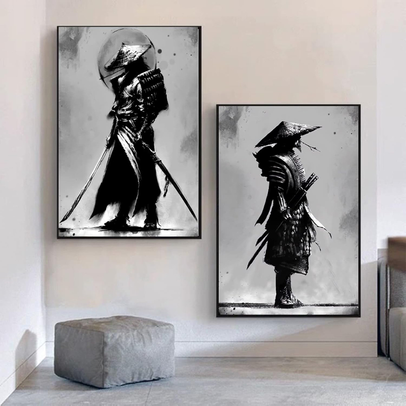 Iuntweie Japan Samurai Portrait Pictures Bushido Japanese Warrior Canvas Wall Art, Black/White