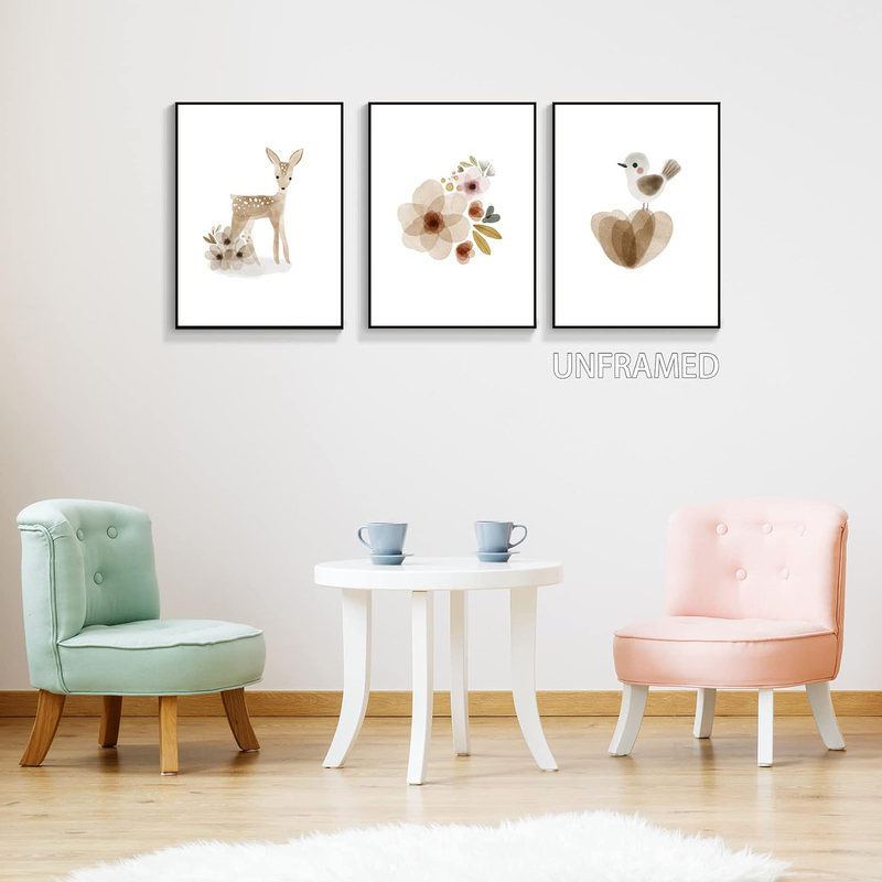 Boho Cute Woodland Animals Deer Canvas Wall Poster, 3 Piece, Multicolour