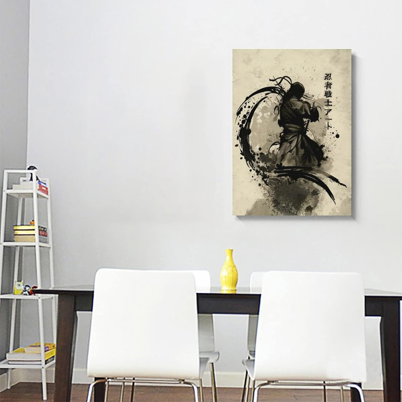 Gengsheng Japanese Ink Bushido Vintage Ninja Canvas Wall Art Posters, 12 x18 inch, Black/Beige