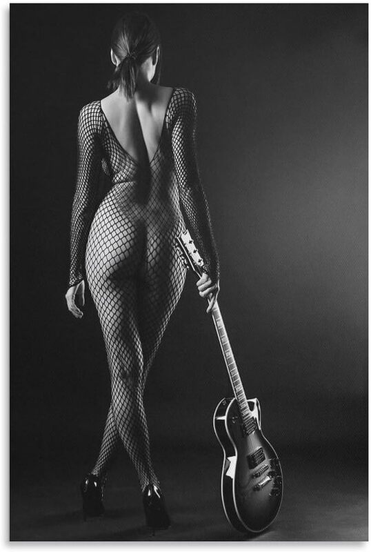 Beautiful Lady and Guitar Canvas Wall Art Poster, 16 x 24 inch, Black/White