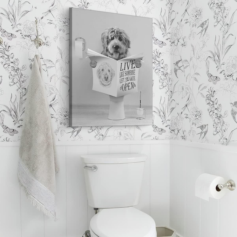 12 x 16-Inch Framed Canvas Funny Black and White Dog Sitting in Toilet Reading Newspaper Picture Poster Wall Art, Multicolour
