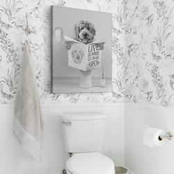 12 x 16-Inch Framed Canvas Funny Black and White Dog Sitting in Toilet Reading Newspaper Picture Poster Wall Art, Multicolour